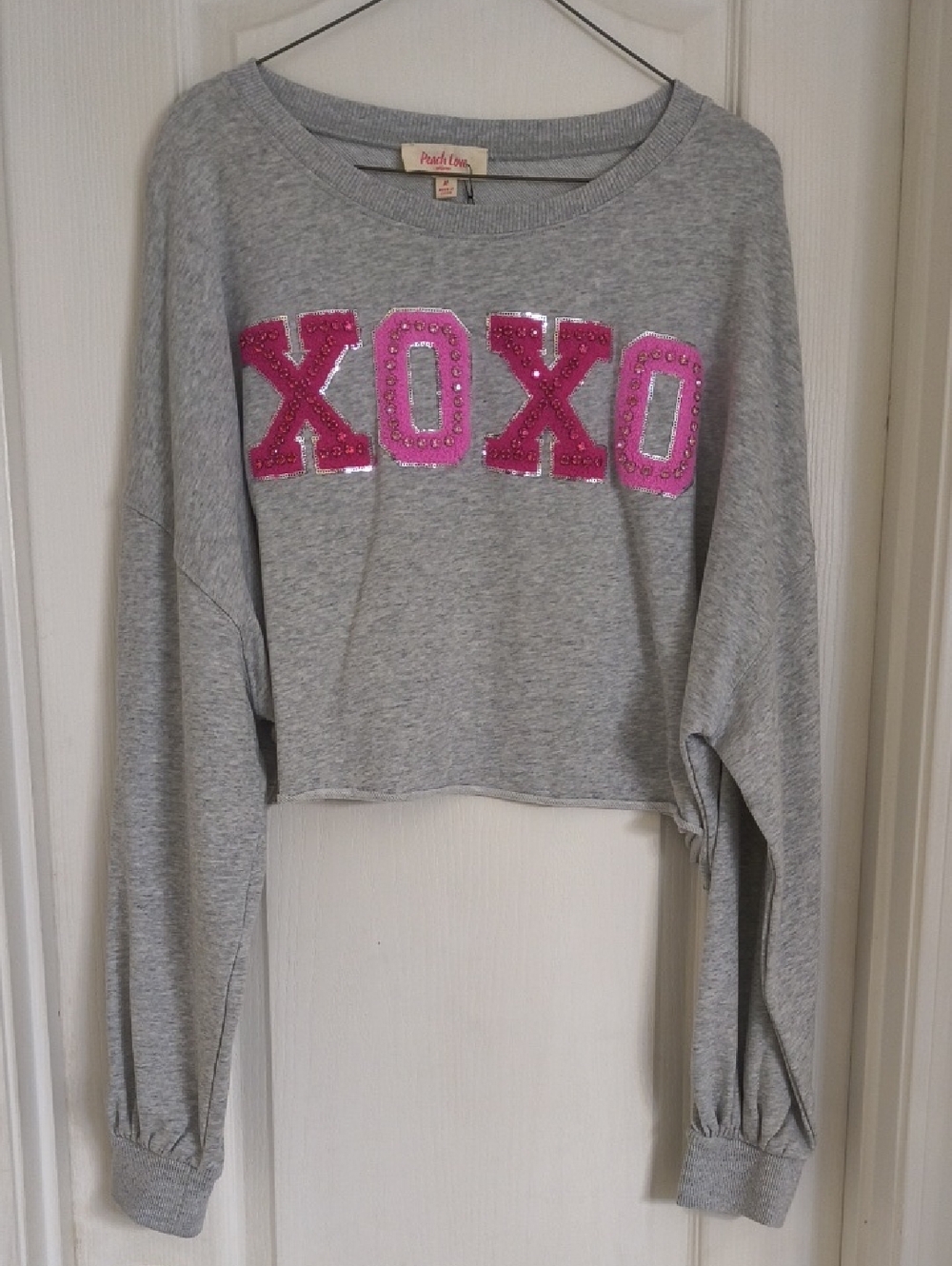Peach Love XOXO Graphic Crop Gray Sweatshirt with Pink Logo